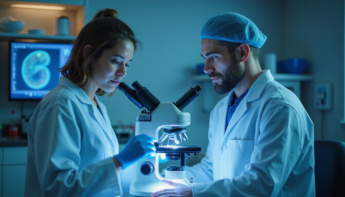  Bright clinical lab with compassionate doctor, glowing stem cells under microscope healing a calm patient