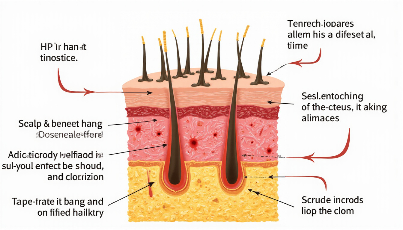  Medical cross-section of scalp showing damaged follicles, arrows pointing to causes, clean infographic style