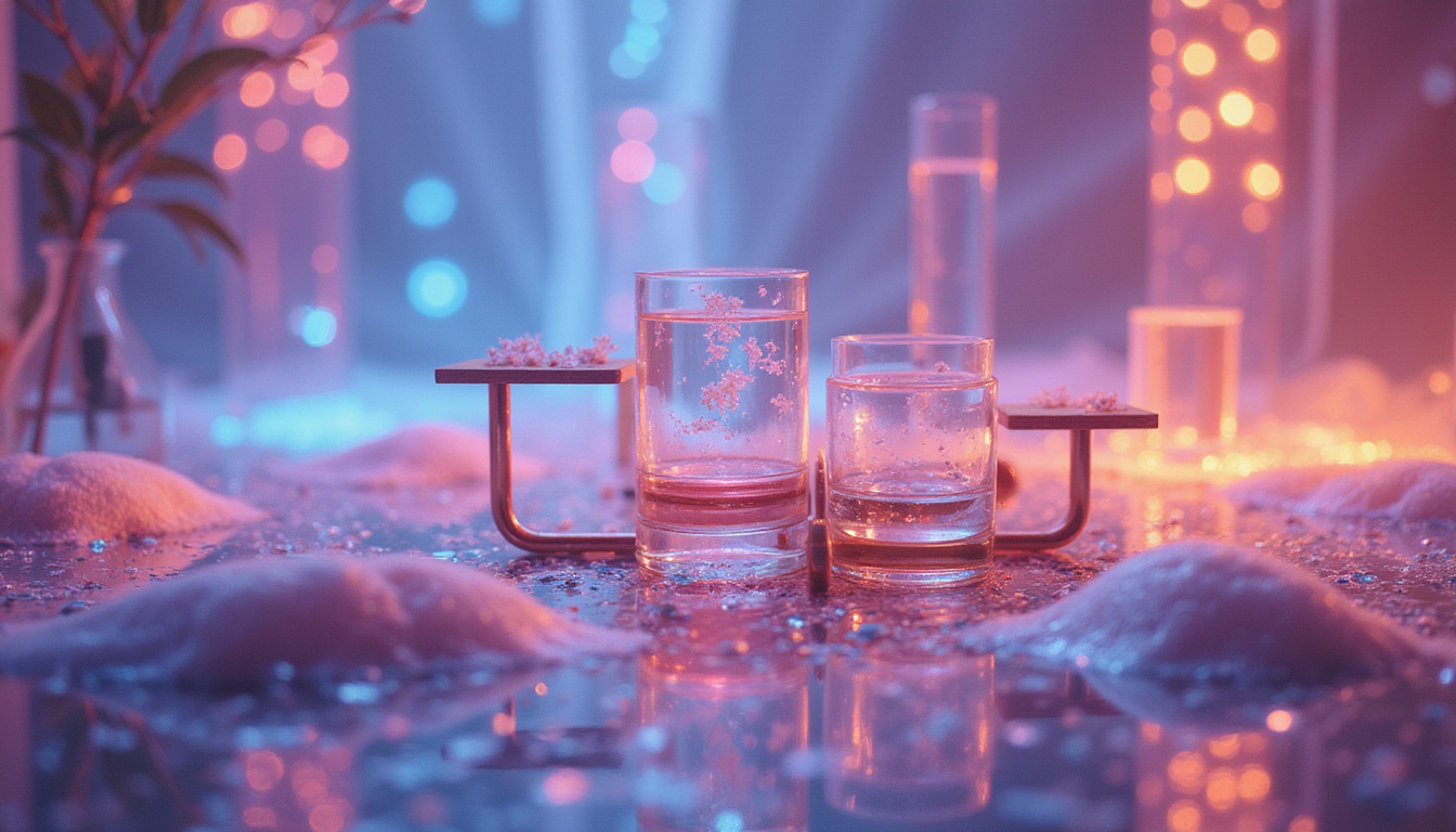  Spa laboratory: glass vials, bioluminescent microbiome patterns, silk textures, rose-gold scales of balance