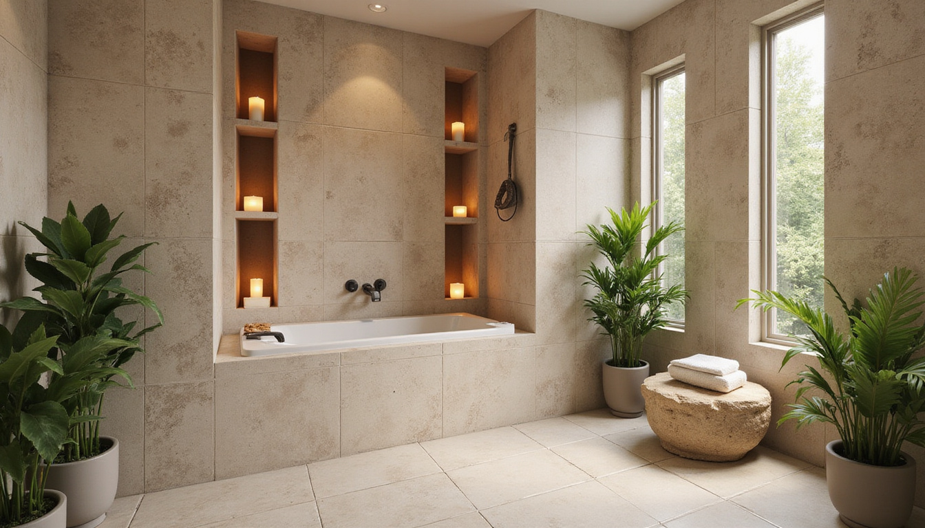  Spa-like bathroom, textured neutral tiles, recessed niches with candles, steam, lush potted plants, cozy ambiance