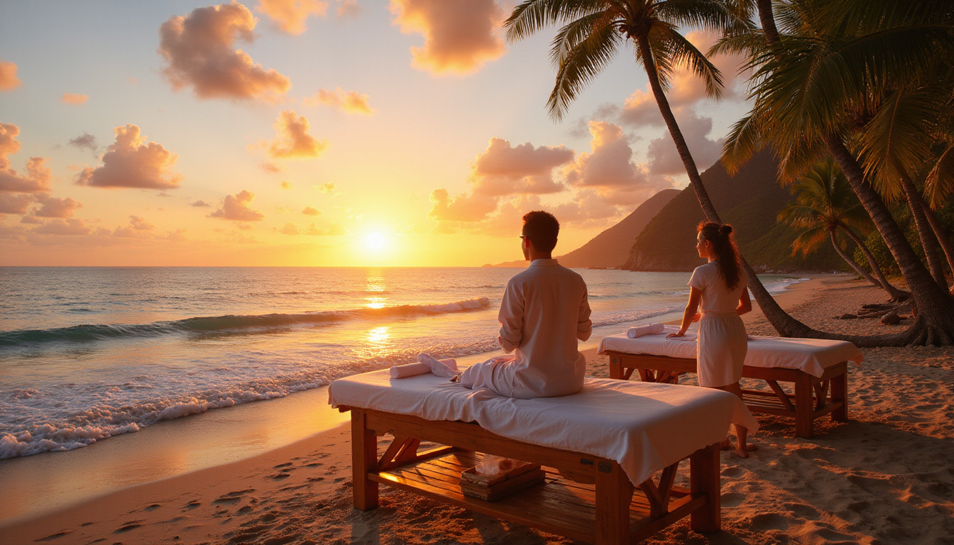 Serene outdoor couples massage by ocean at sunset, therapists, bamboo tables, soothing breeze