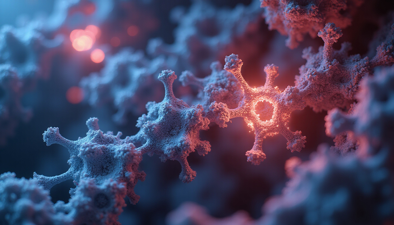 Artistic molecular scene: amino acid chains morphing into sugar hexagons, enzymes depicted as glowing mechanical gears