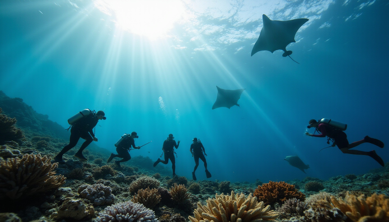  Bali conservation divers planting corals, sunrise light beams, manta rays gliding overhead, hopeful atmosphere