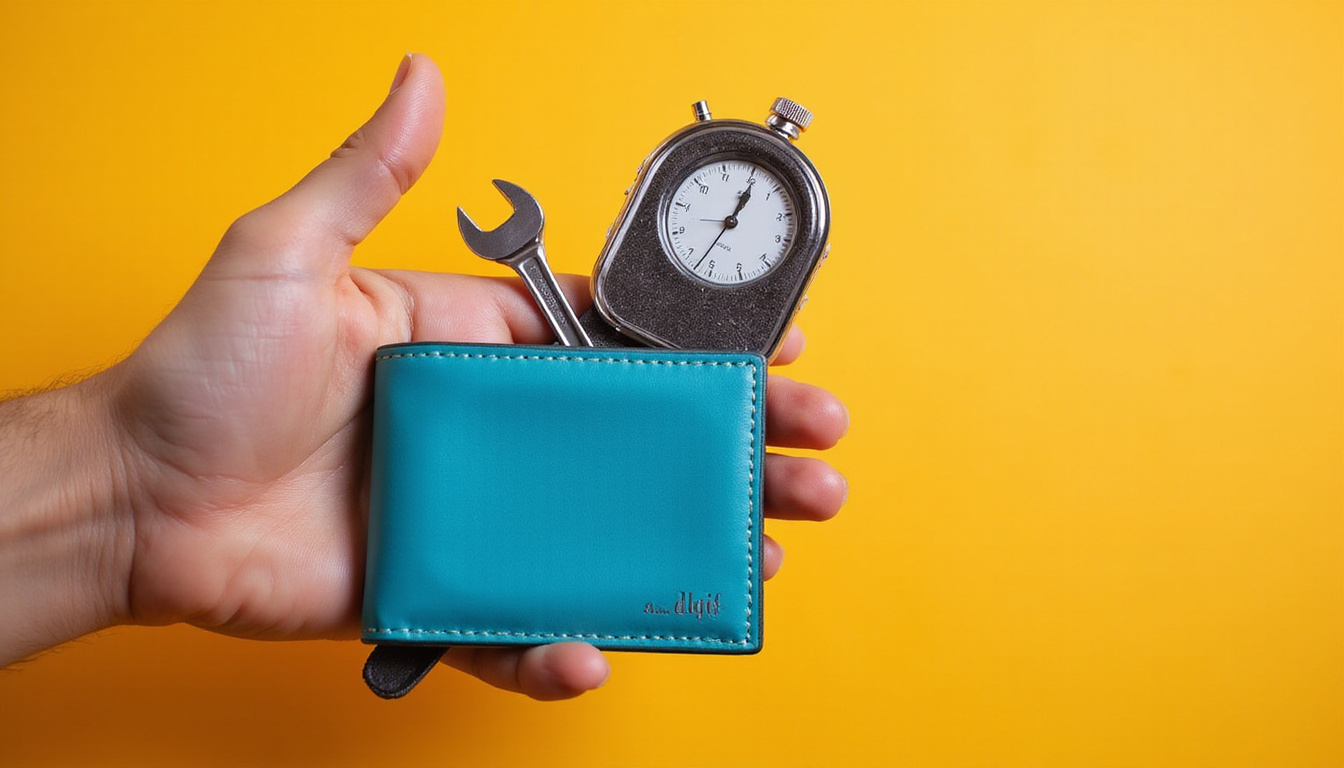  Closeup hand fixing digital wallet with wrench and shield, stopwatch indicating urgent fast repair