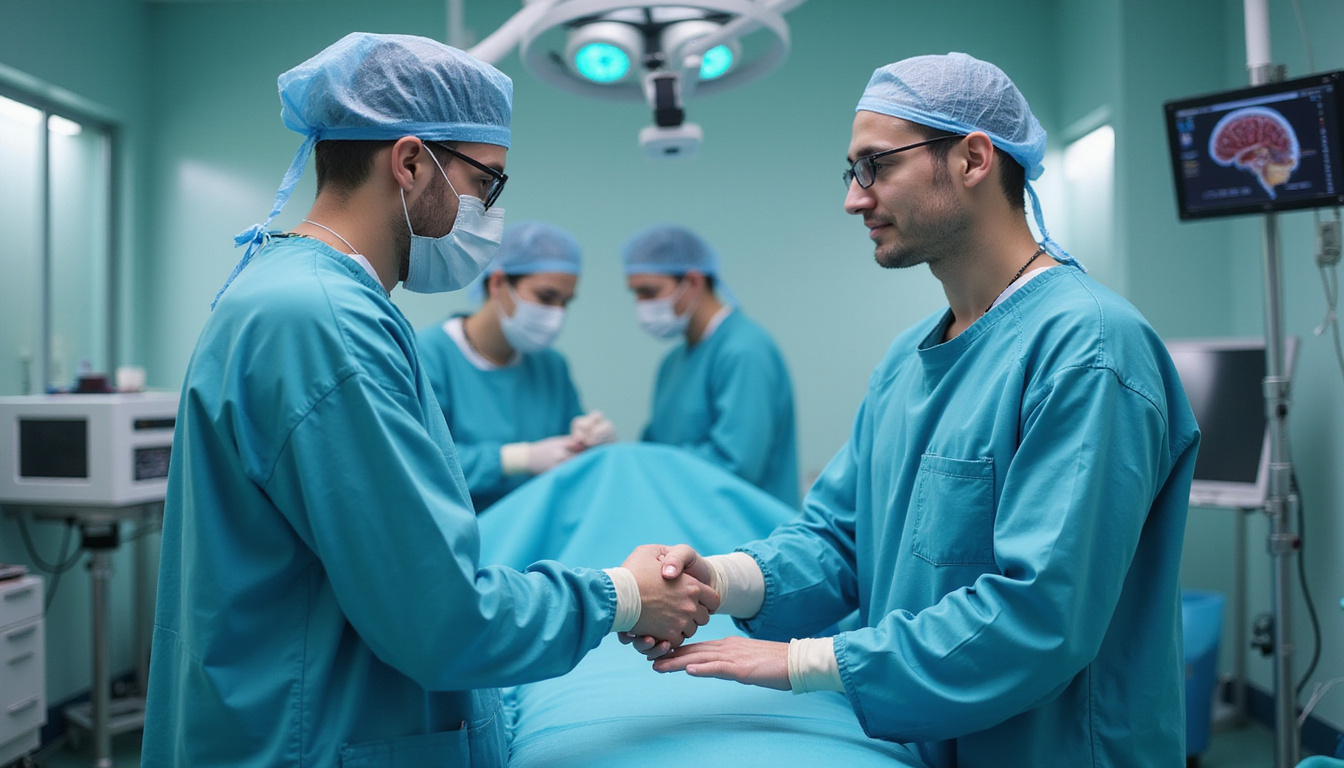 Sterile operating room scene, surgeon and patient handshake, anatomical brain diagram, calm focused atmosphere