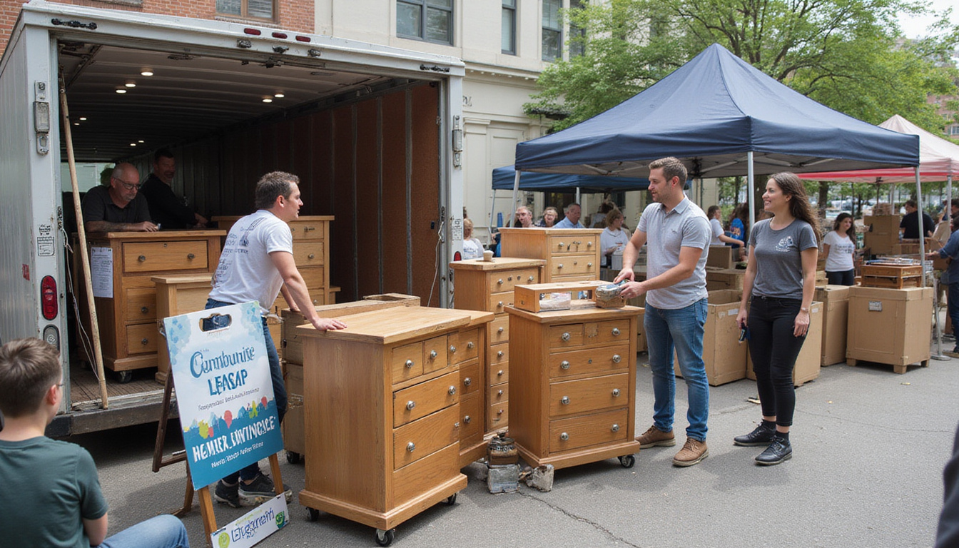  Community swap event: people exchanging bulky furniture, efficient loading, eco-friendly signage, smiling volunteers