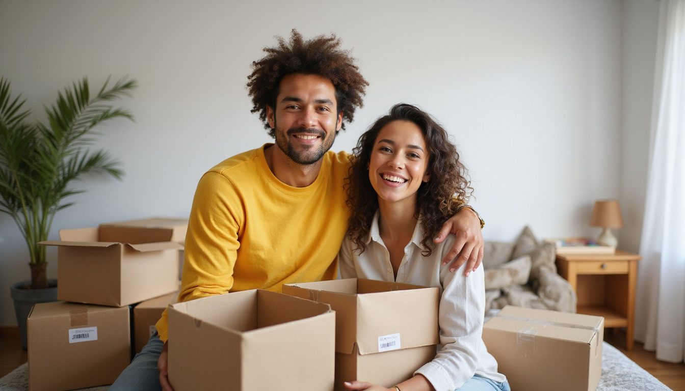  Minimalist tidy apartment after decluttering, labeled donation boxes, smiling couple celebrating, warm light