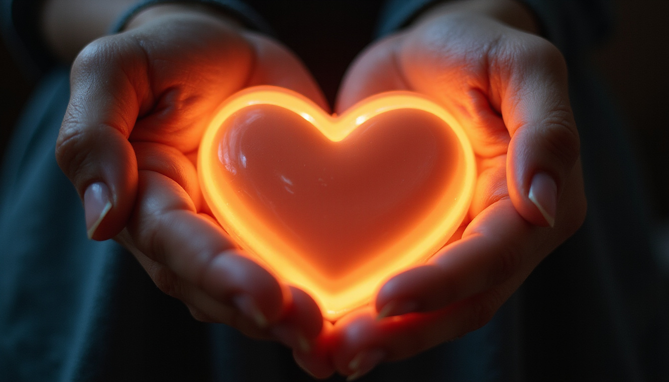 Close-up hands cradling a glowing heart mirror reflecting serene confident self, soft studio lighting