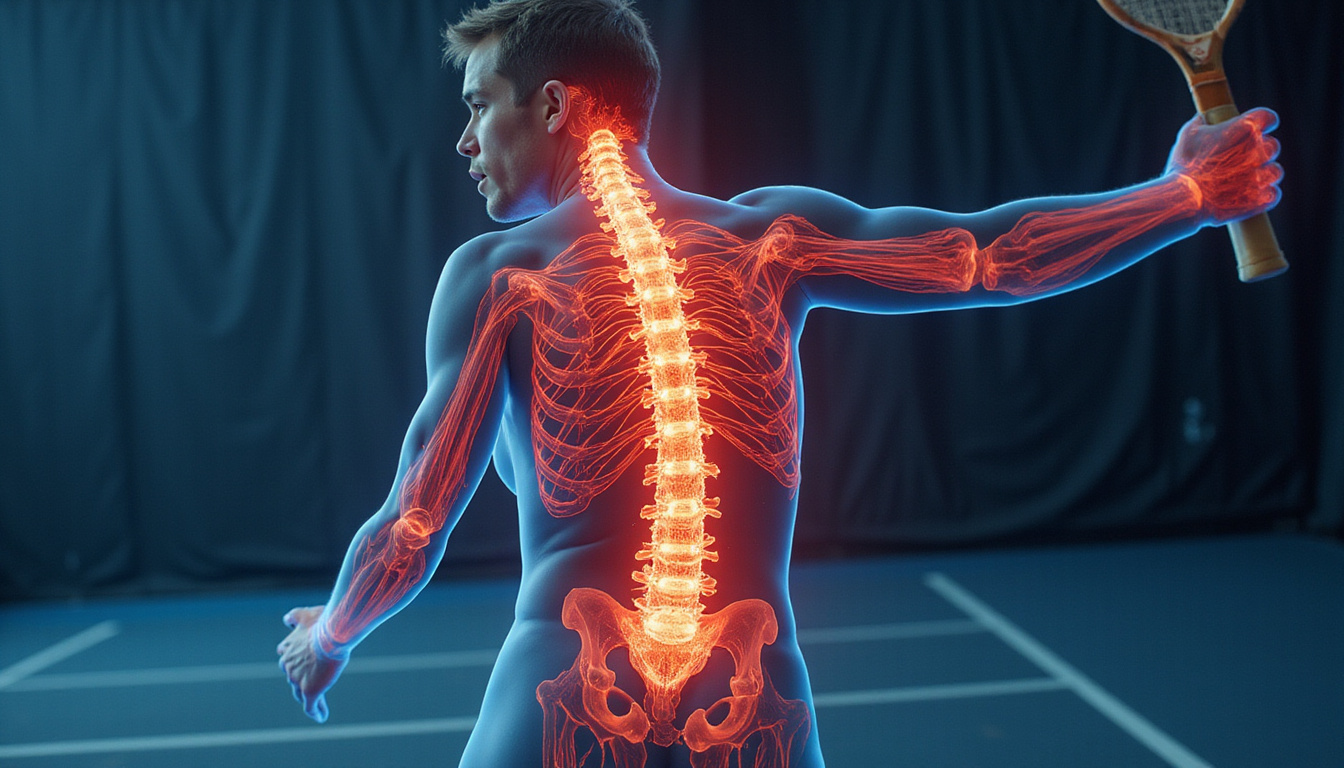  Anatomical spine overlay on athlete swinging paddle, dynamic energy lines, clinic meets court realism