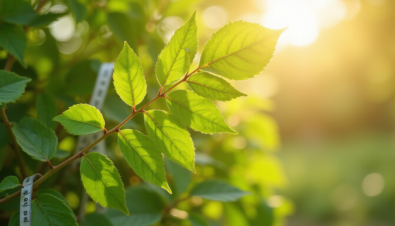  Sunlit Cissus quadrangularis leaves, measuring tape spiraling, healthy slim silhouette, herbal wellness
