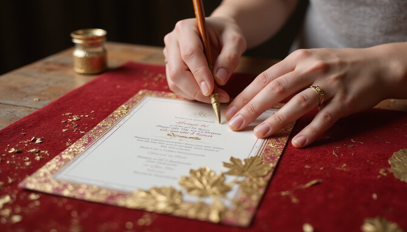 Artisan hands gilding deckled paper edges with gold leaf, velvet invitation, shallow depth of field
