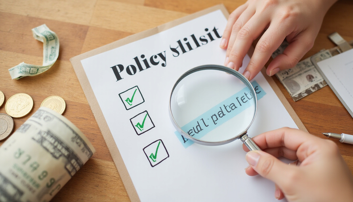 Close-up hands exchanging policy checklist, magnifying glass highlighting savings, coins and medical tape