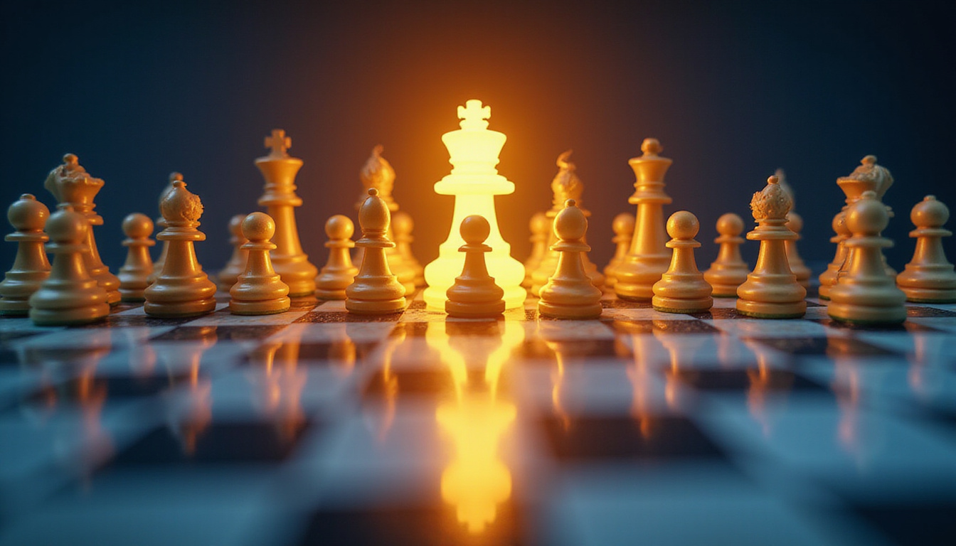 Modern chessboard city of marketing icons, strategist moves golden pawn, glowing customer loyalty aura
