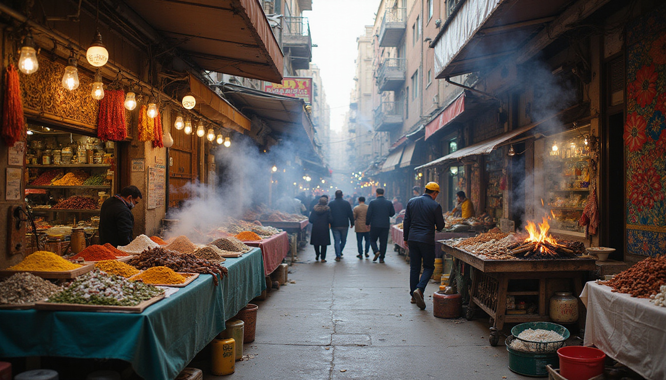Bustling Khan el-Khalili market street, spice stalls, kebab grill smoke, colorful textiles, tuk-tuk