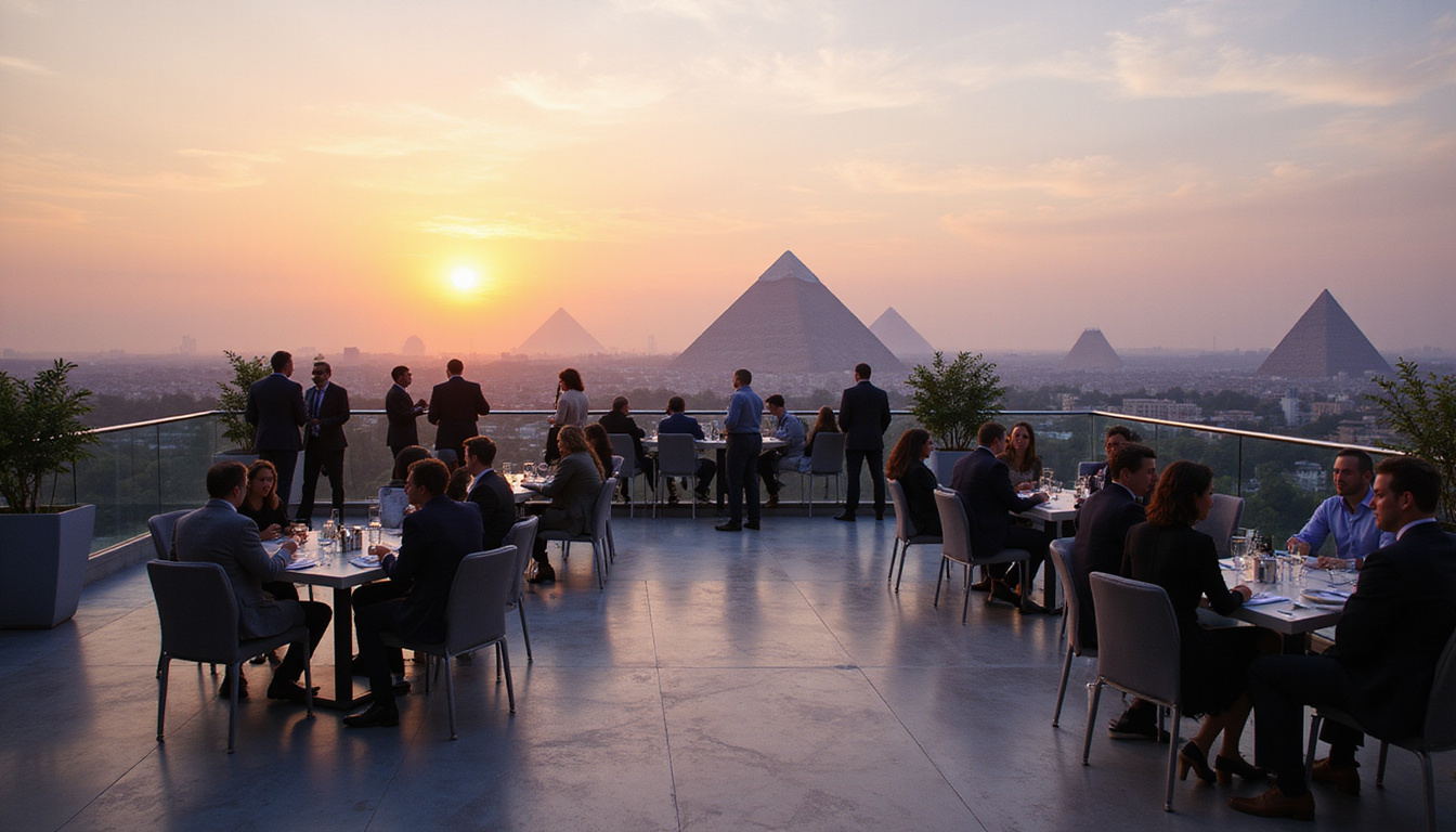  Rooftop corporate networking event with pyramids in distance, elegant seating, professional attendees