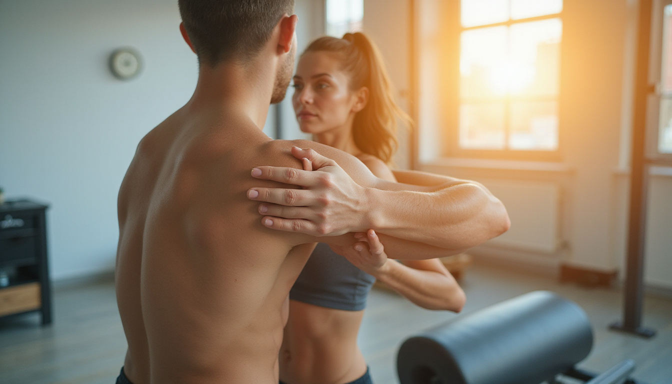  Athlete performing rehabilitative shoulder exercises, sunlit studio, motion blur, recovery progress infographic elements