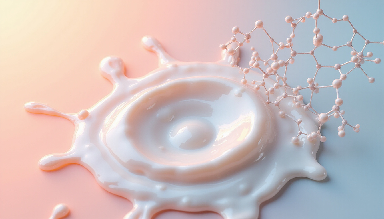  Microscopic molecular structure overlay above creamy pearl emulsion, minimalist lab aesthetic, soft touch