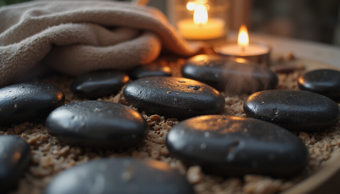 Close-up heated black stones glistening, warm steam, peaceful face, soft towel