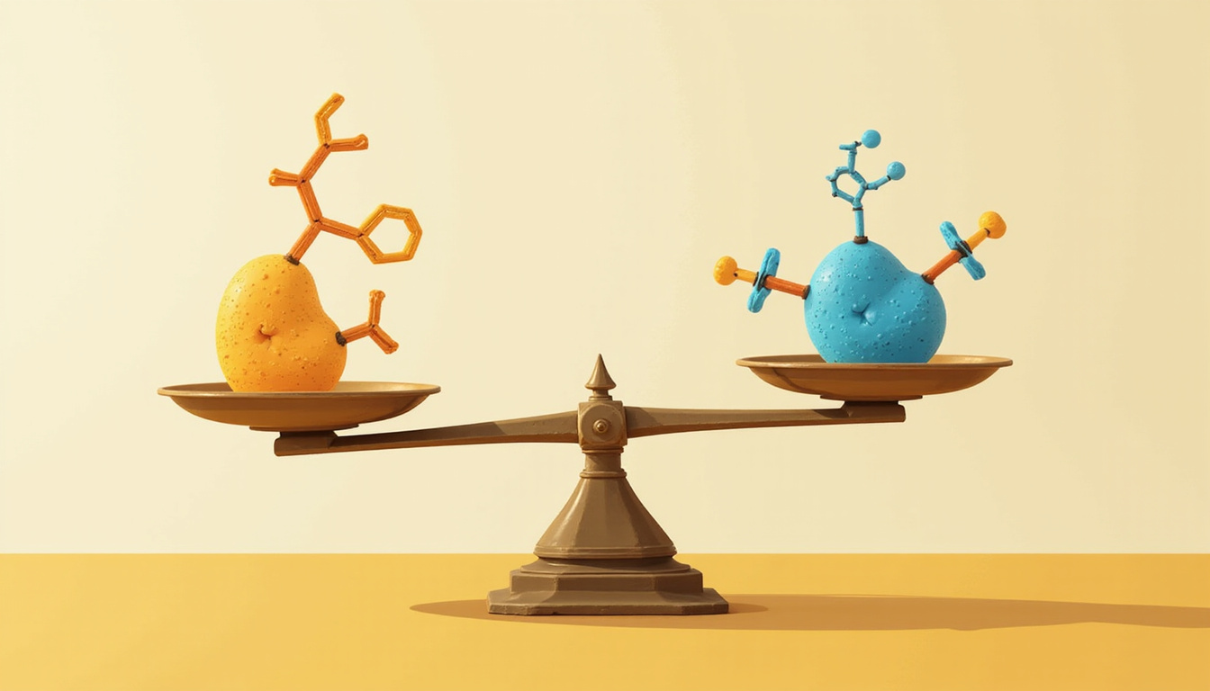 Detailed scientific infographic of ghrelin and leptin molecules balancing on antique scale, clean vector