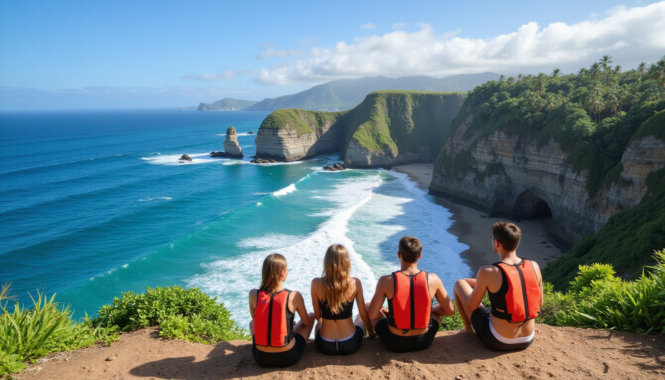  Group of friends wearing life vests overlooking Uluwatu cliffs, lush palms, crystal waves