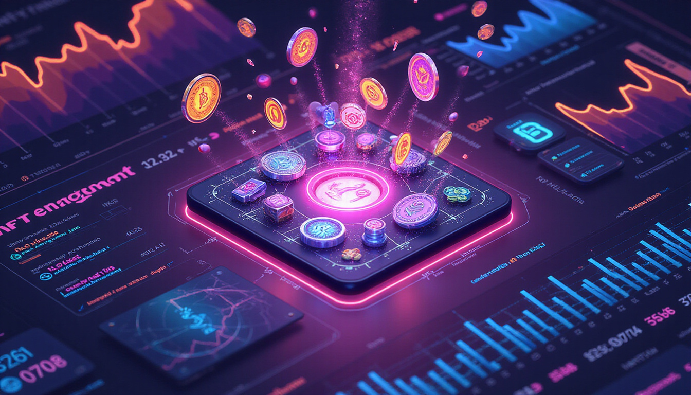  isometric dashboard exploding engagement metrics, diverse collectors, NFTs minted like coins, neon cyberpunk aesthetic