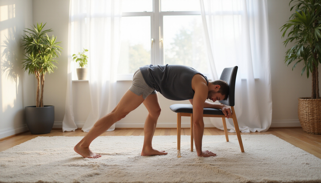 Man on carpet performing standing glute stretch with chair support, soft morning light, minimal decor