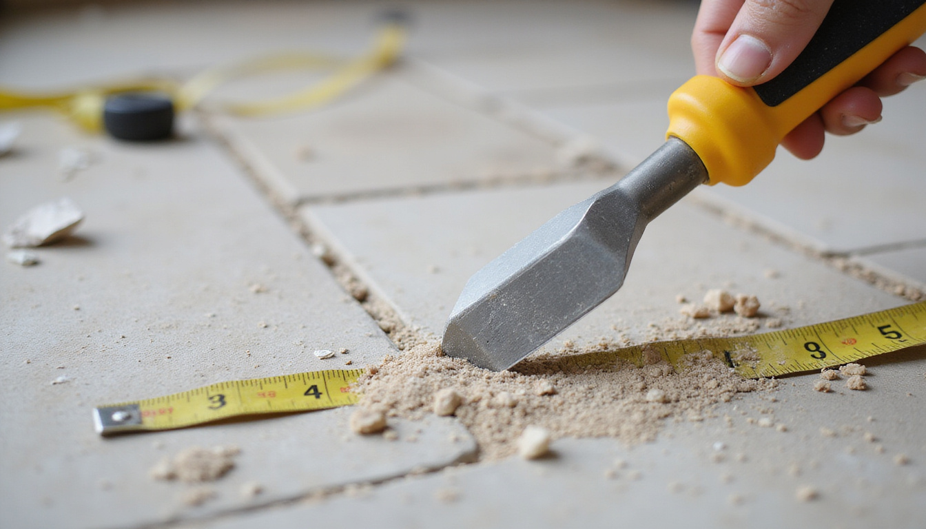 Close-up of pry bar lifting old grout, neat organized debris, tape-measured new flooring layout