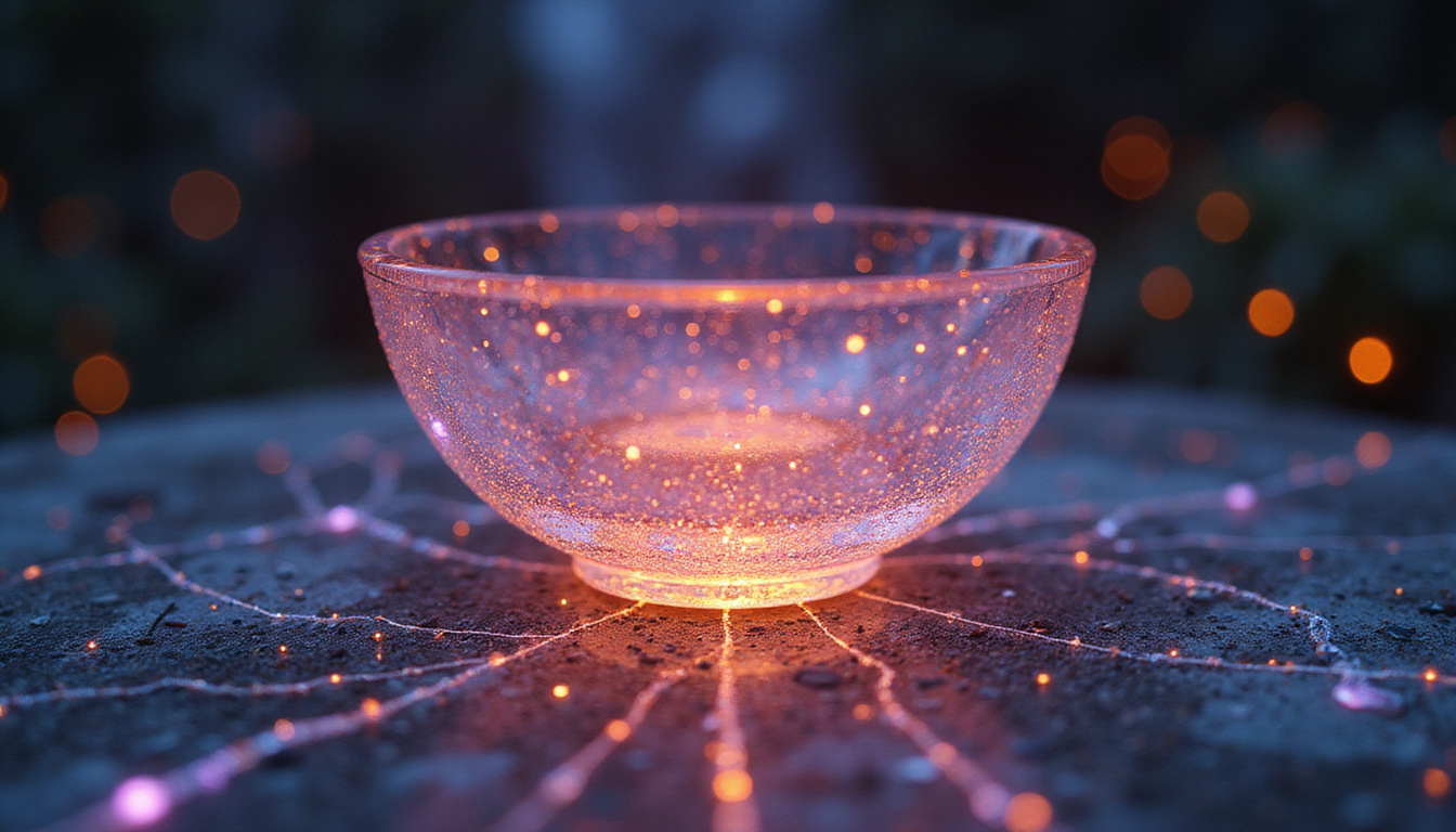  Close-up crystal bowl vibrations turning into glowing neural pathways enhancing focus and calm