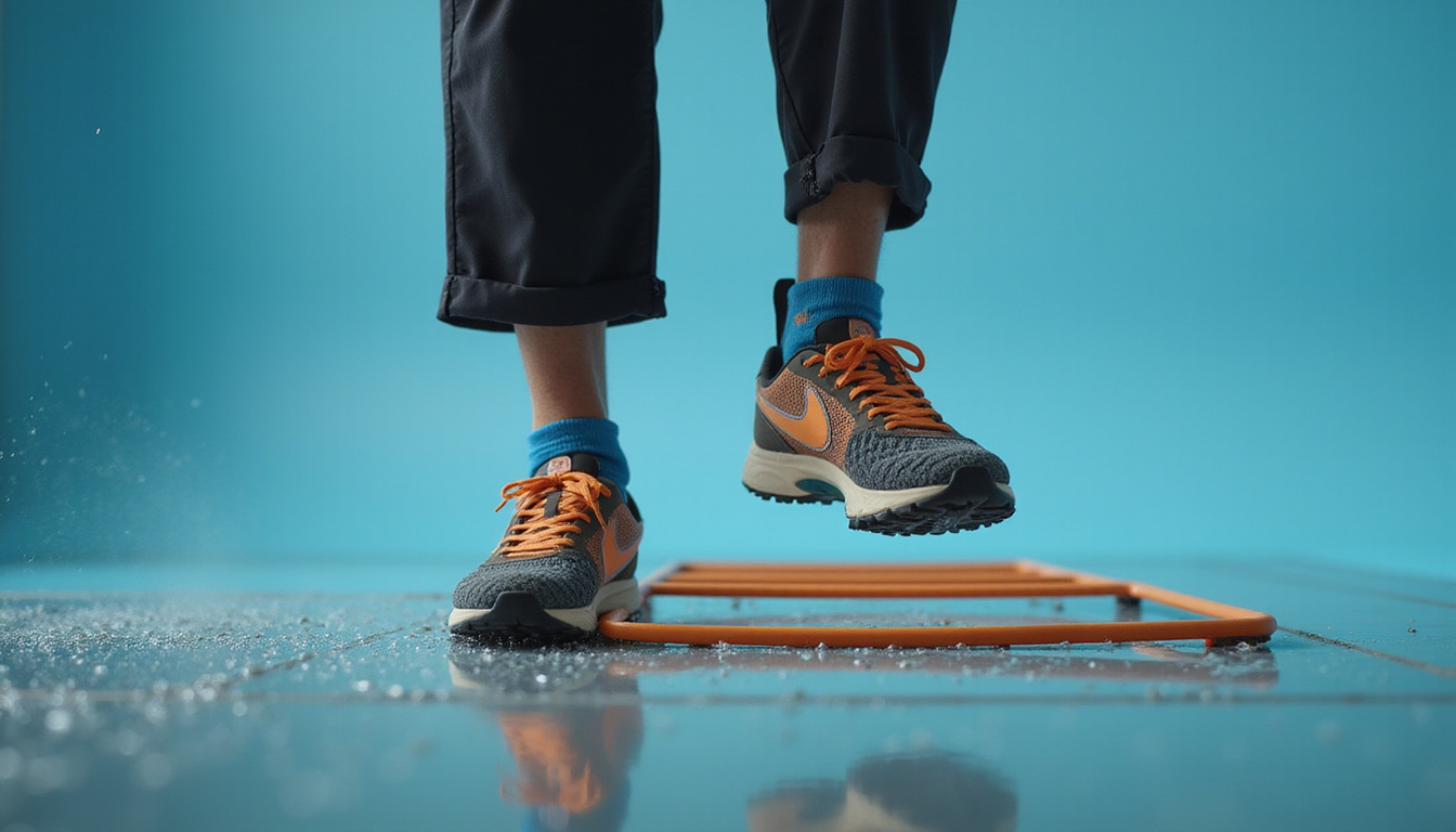  Coach demonstrating ladder footwork, close-up feet, sweat droplets, sharp shadows, high-speed sense