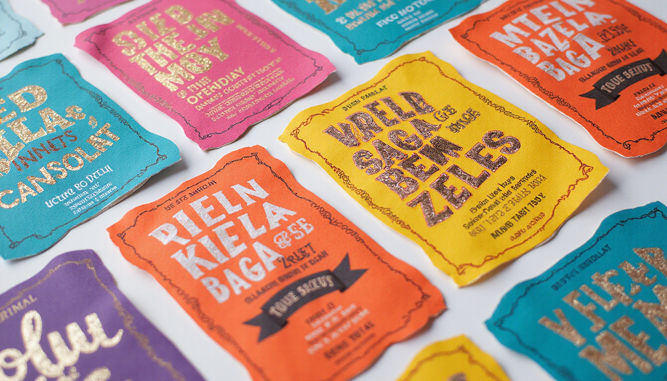  Top-down view of custom-shaped flyers and labels, metallic foil accents, bold typography, bright colors