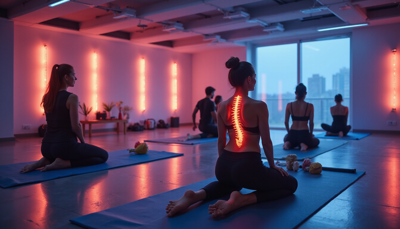  Diverse patients performing back strengthening exercises on mats, illustrated vertebrae glowing, serene rehabilitation studio