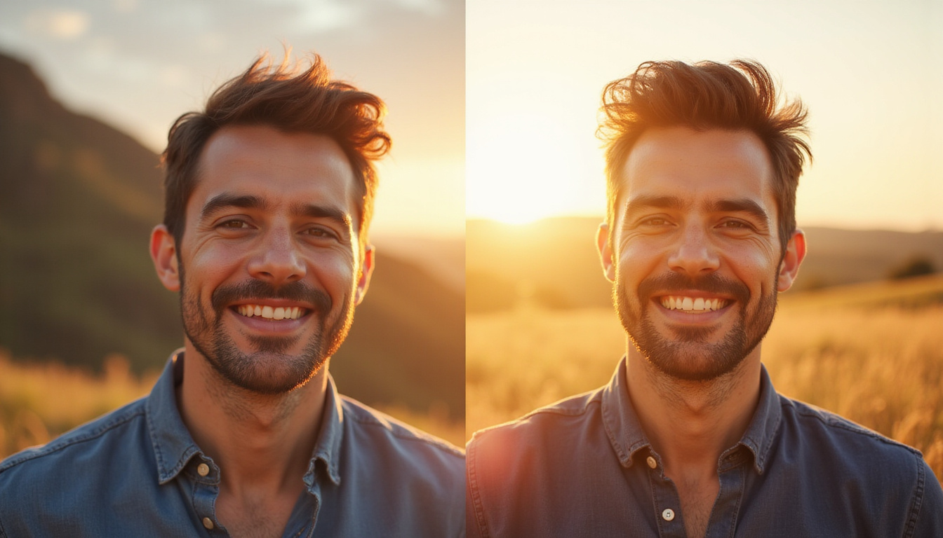  Split-screen before-and-after: thinning crown to thick hair, smiling confident man, warm sunlight