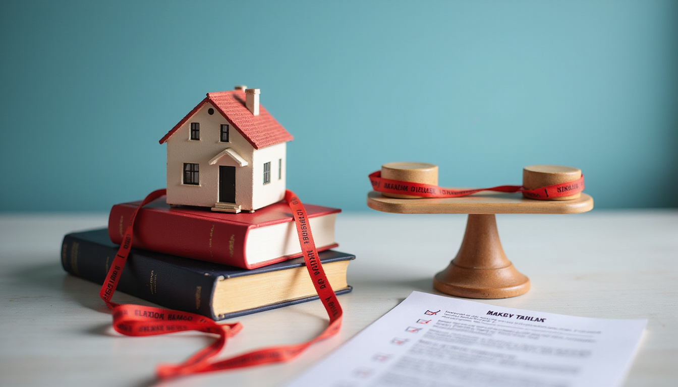  Scale balancing house model and legal books, red warning tape, checklist, dramatic low-key lighting