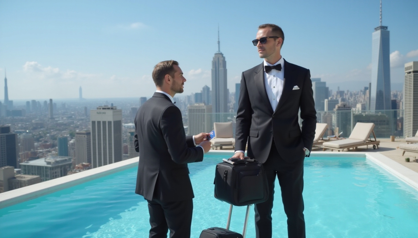  Elite traveler in tuxedo at private rooftop pool, city skyline, loyalty card, butler serving
