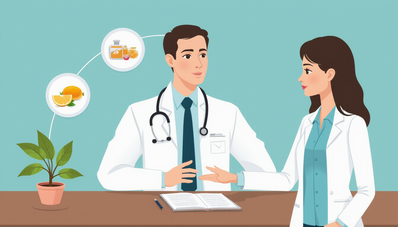 Patient consulting doctor, benefits icons, side effect warning symbols, calm muted colors