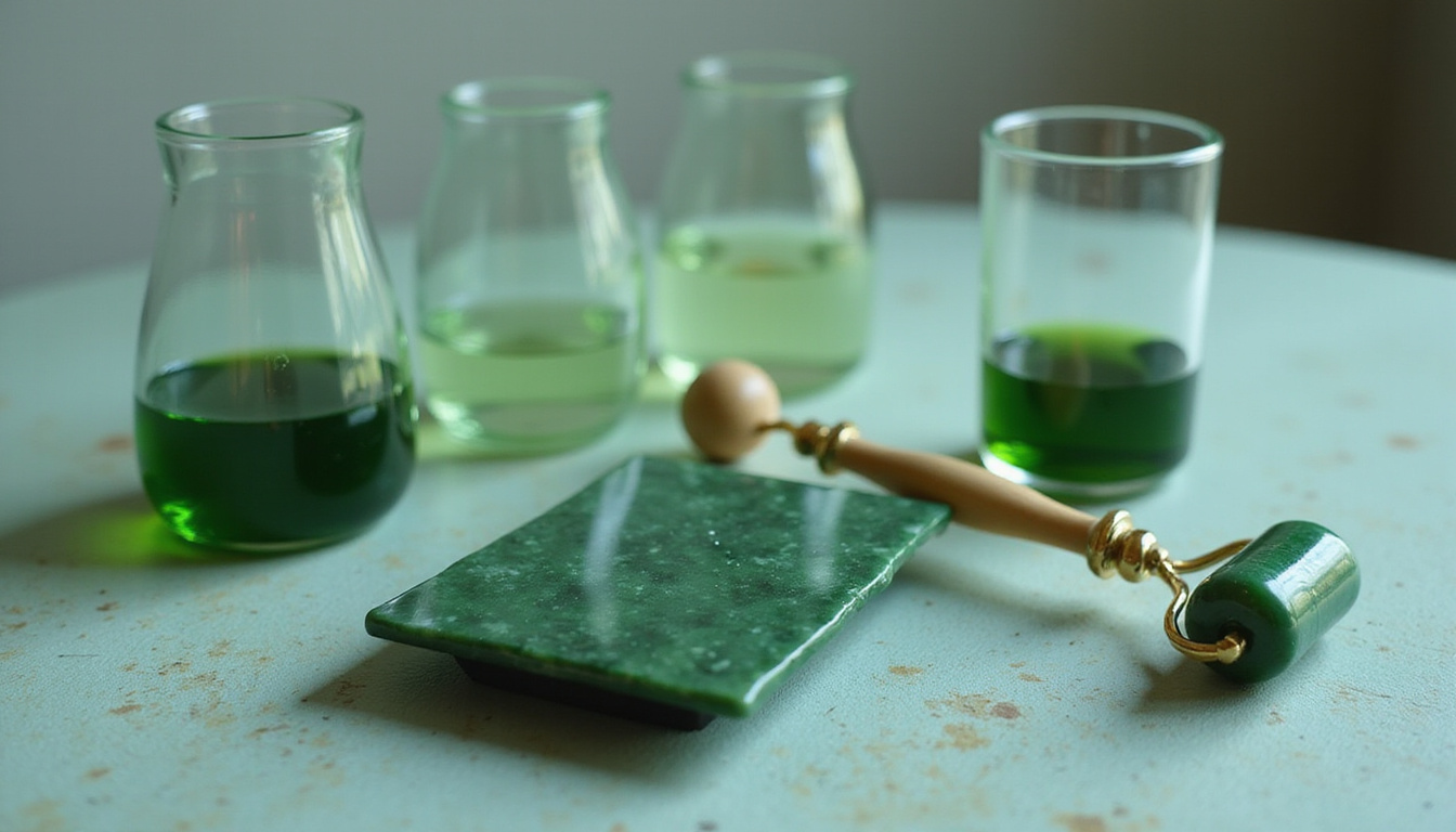  Ancient beauty philosophy tablets next to clinical beakers, polished jade roller, ambient luxury