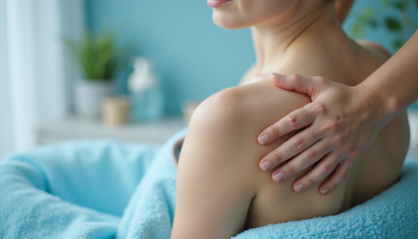  Close-up hands applying gentle kneading on sore shoulder, soft steam, minimalist decor, calming blue tones