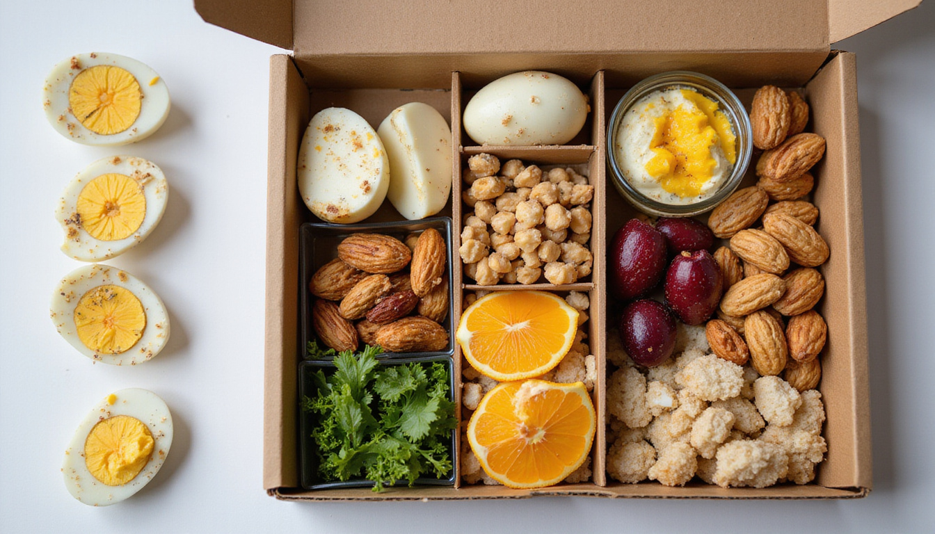 Flat-lay hotel minibar: bento-style low-carb box, boiled eggs, nuts, keto snack labels