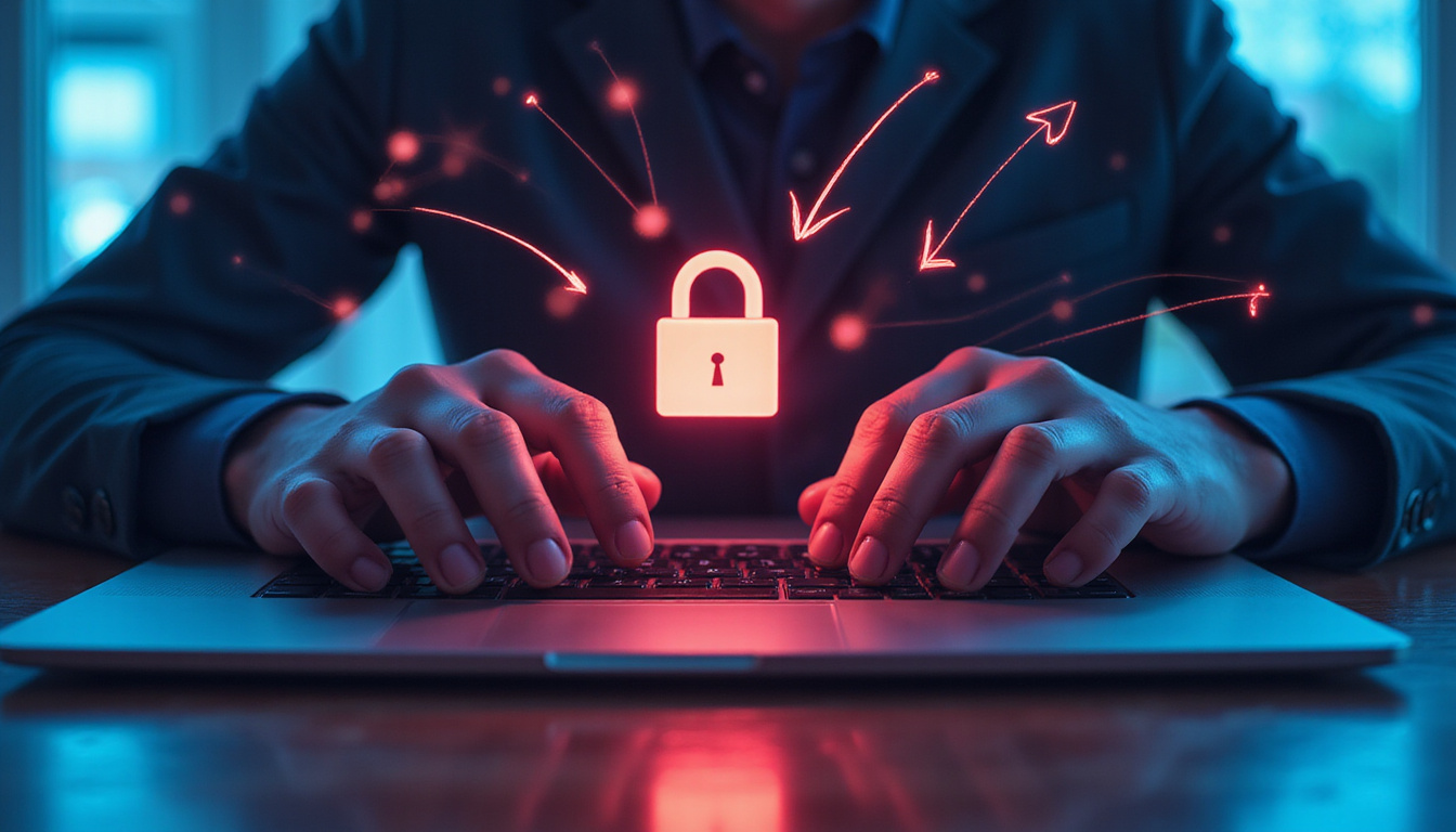  Hands coding on laptop, floating timestamped packets and blocked replay arrows, glowing padlock