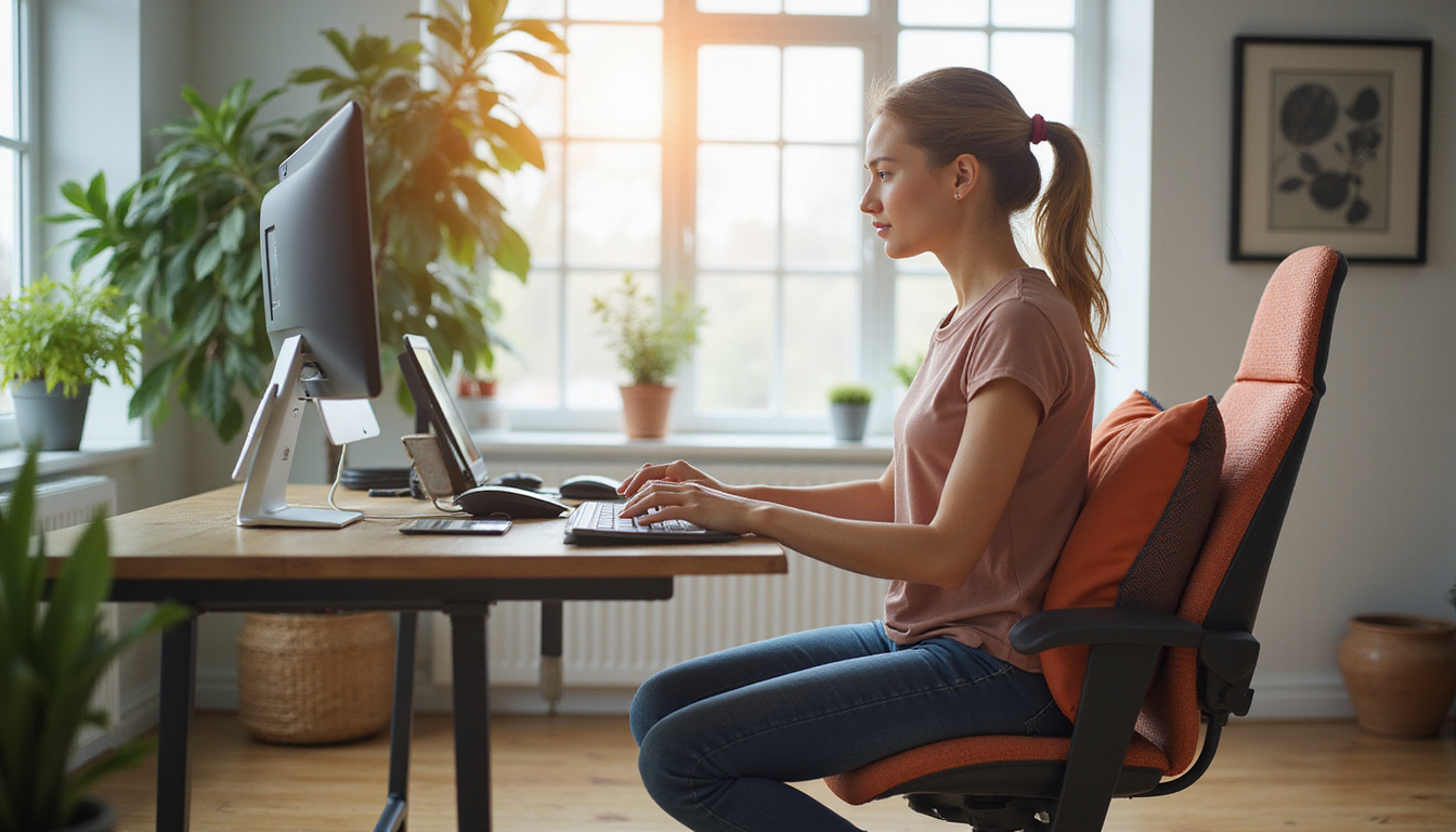 Ergonomic home office, adjustable chair, lumbar support cushion, heat pad, peaceful focused worker