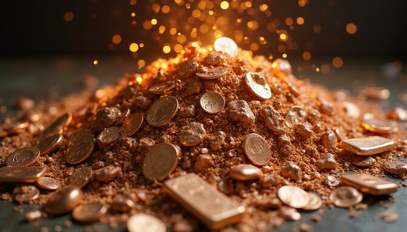  Pile of copper scrap transforming into polished ingots and cash, cinematic lighting, high realism