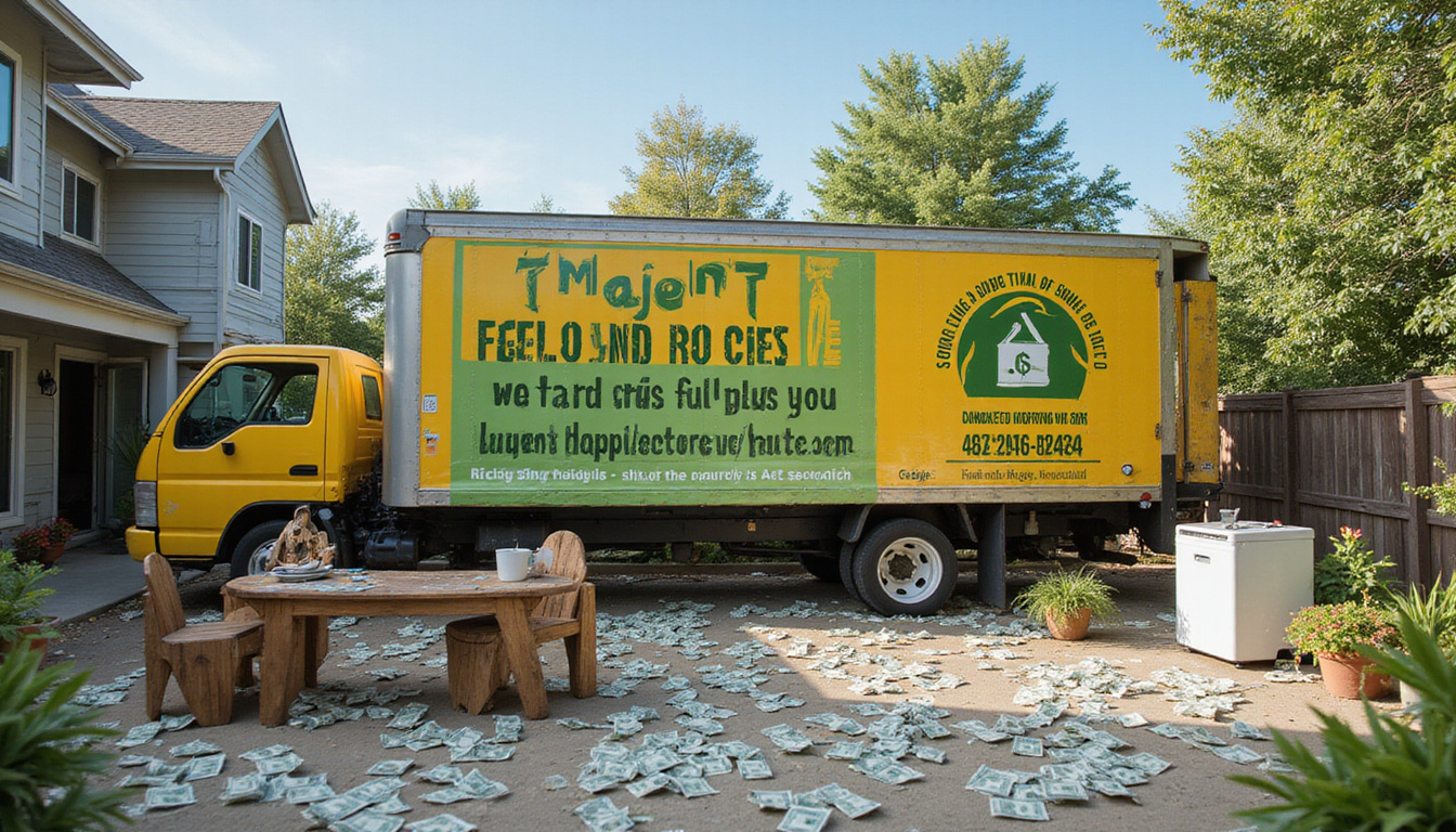  Eco-friendly crew hauling appliances, recycling signage, dollar bills floating, reclaimed backyard patio