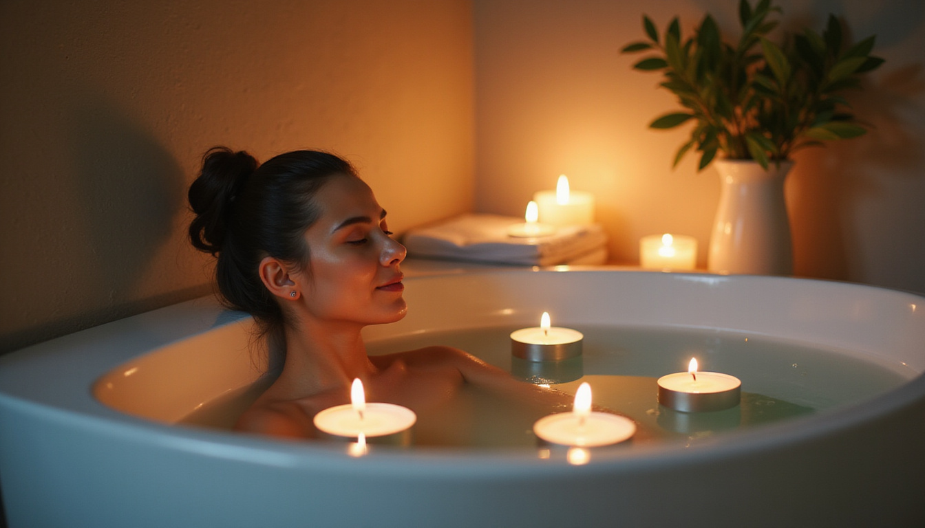  Calm evening self-care: candlelight bath, eucalyptus steam, gentle music, floating candles, peaceful expression