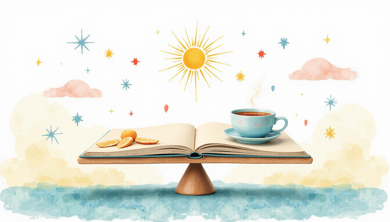  Minimalist scene of balanced scale with energy icons, journal and tea, pastel watercolor
