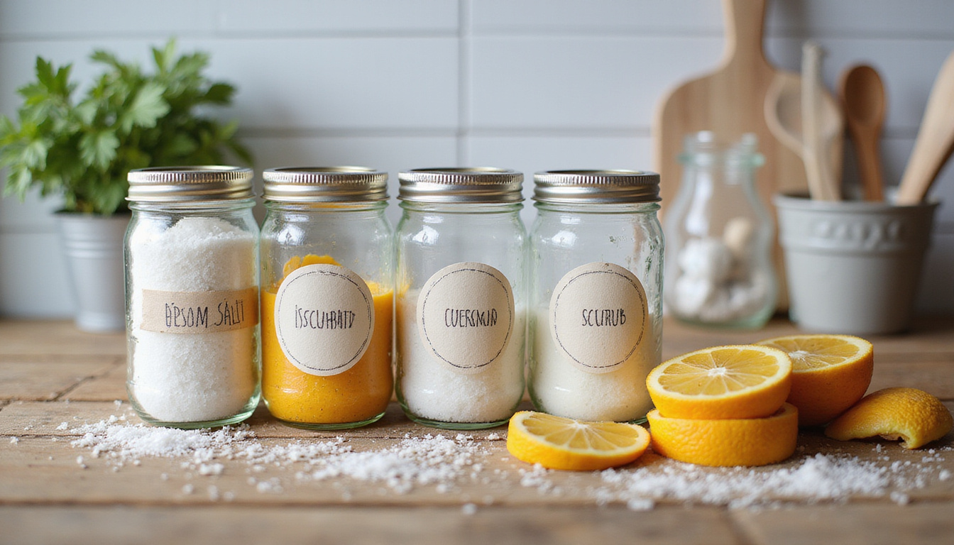  Rustic kitchen countertop jars labeled Epsom salt, measuring spoons, citrus peels, DIY scrub