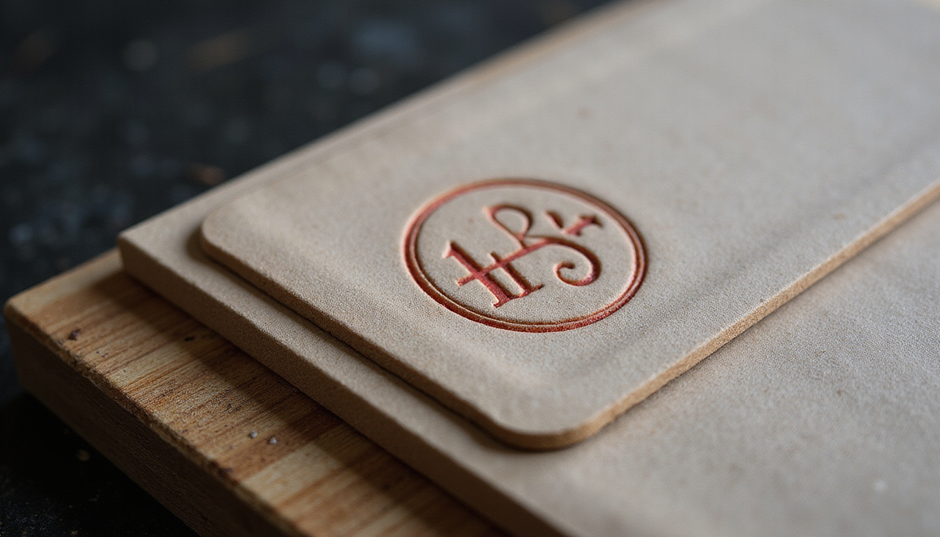  Luxury brand stationery with embossed logo, deep impression, tactile fibers, moody studio lighting