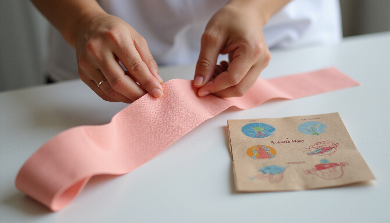 Close-up hands applying kinesiology tape, infographic overlays of pain reduction, soft clinical lighting