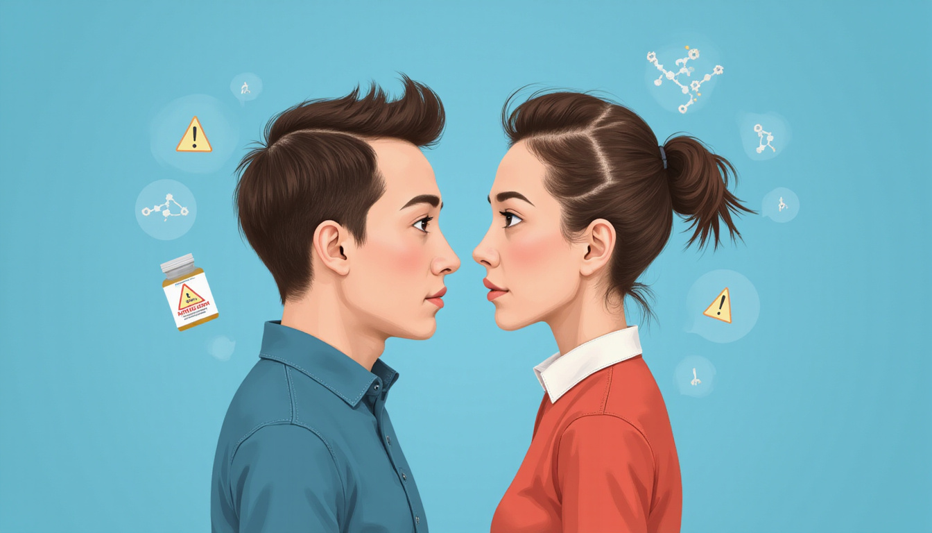  Dramatic split-face before-and-after scalp, warning icons and molecular DHT blockers, calm blue background