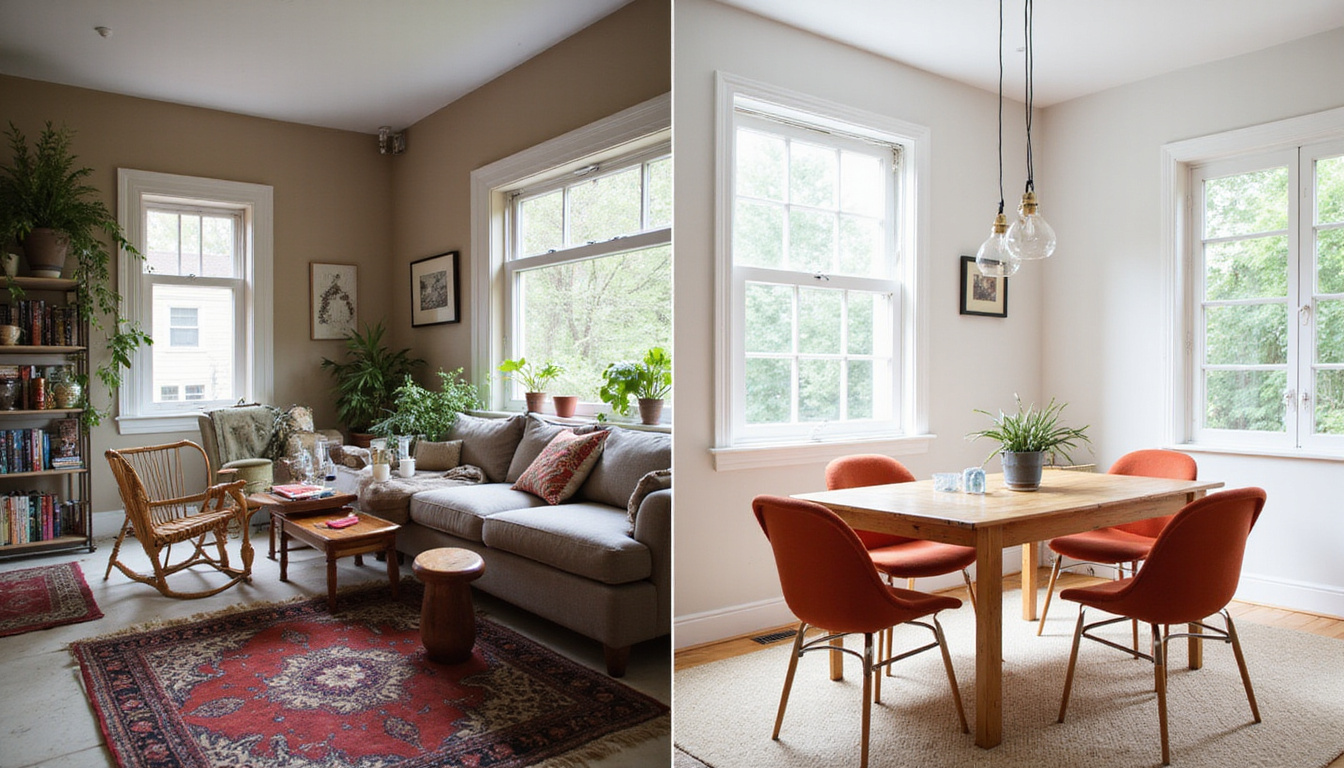 Before-and-after split image: cluttered space transformed into minimalist, elegant dining area