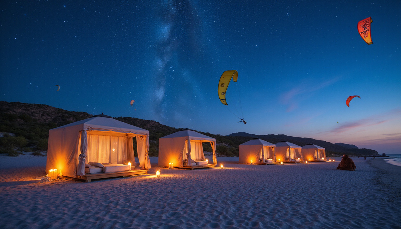  Secluded luxury resort, Bedouin-style cabanas, windsurfing kites, star-filled sky, candlelit beach